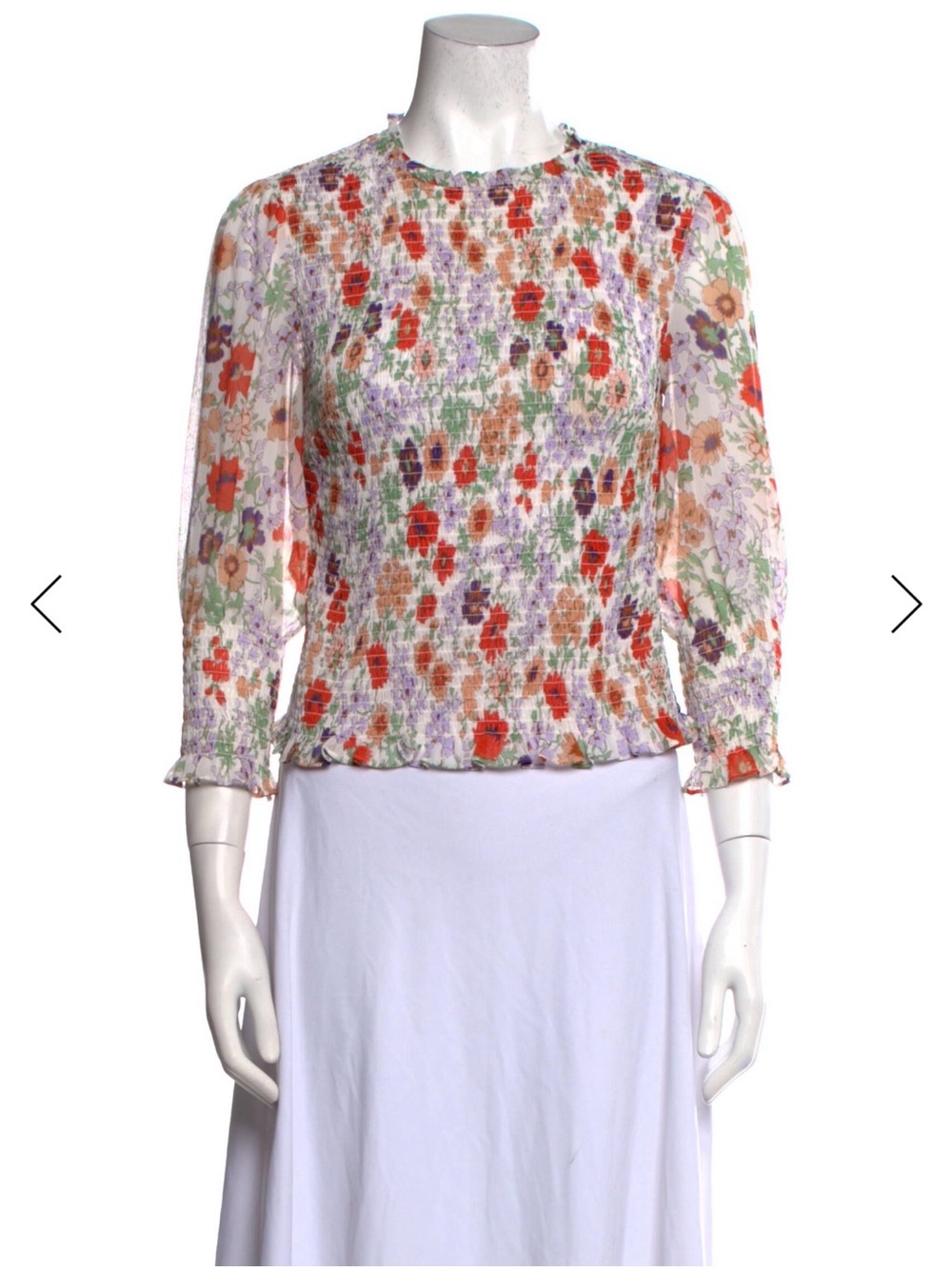 Veronica Beard Floral Smocked Blouse XS White Sheer Ruffle Top